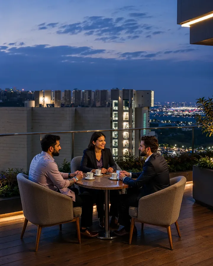 Three professionals meeting at Octavia's rooftop café